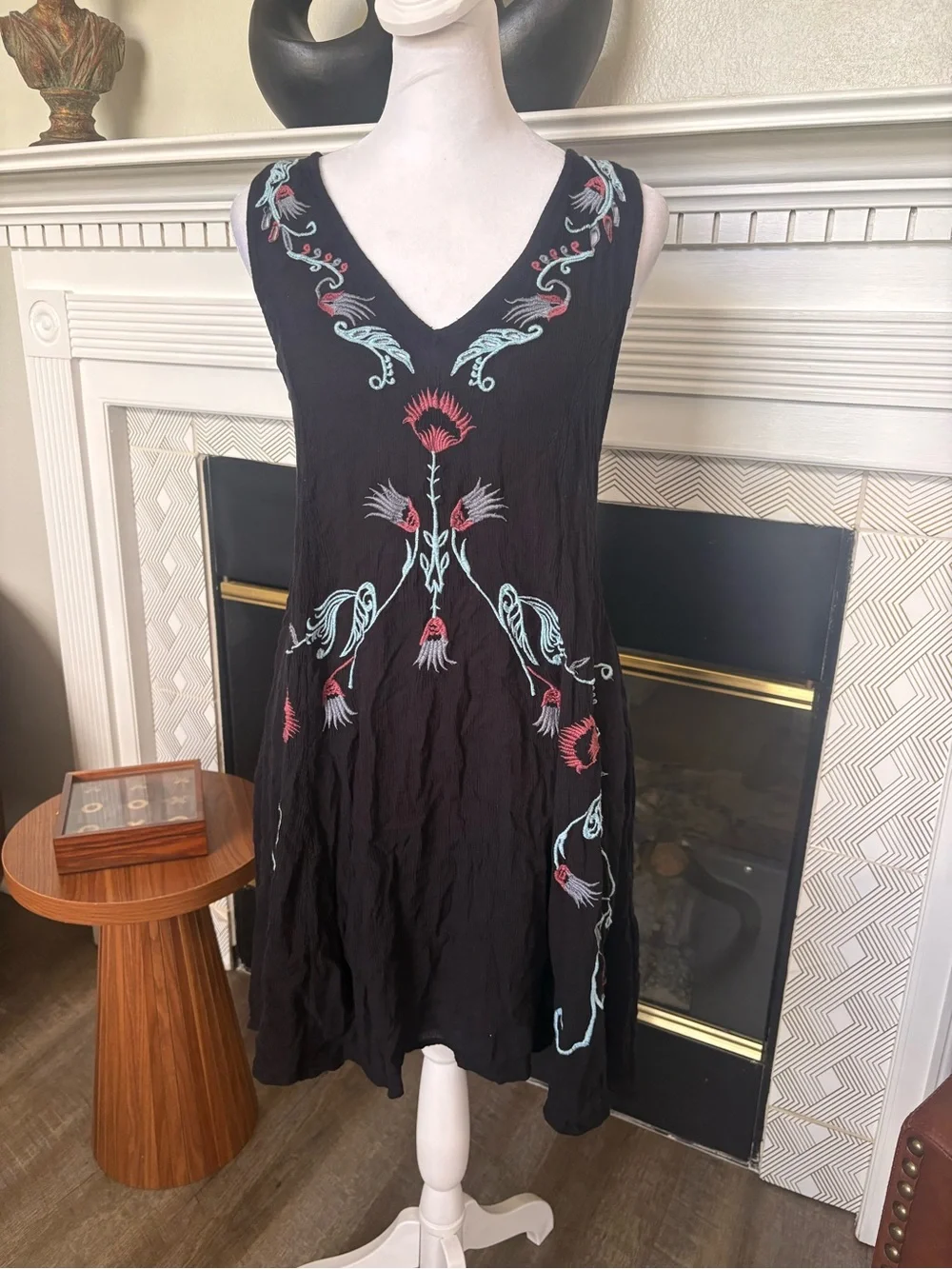 Free People Black Mini Dress with Red & Light Blue Embroidery